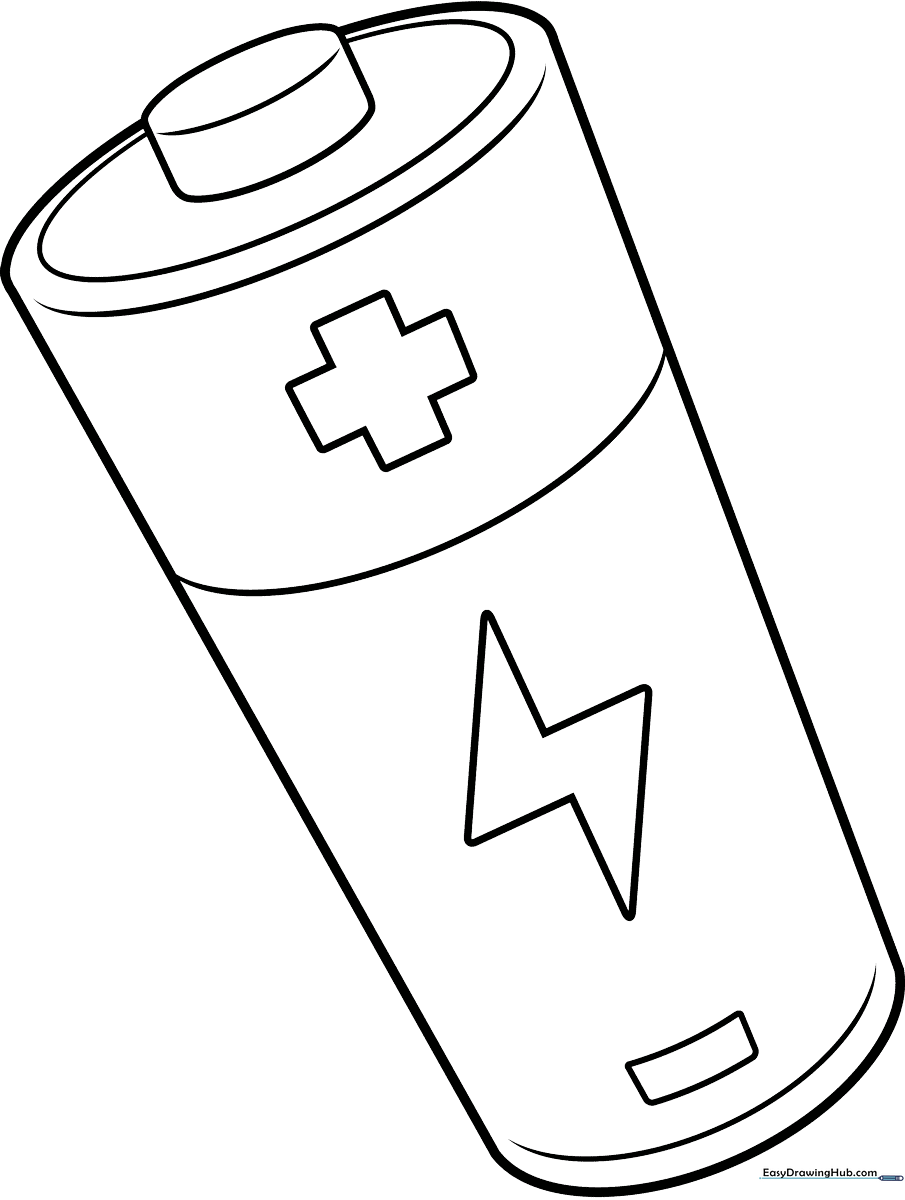 A simple line-art illustration of a cylindrical battery with a positive terminal, designed for children to color.
