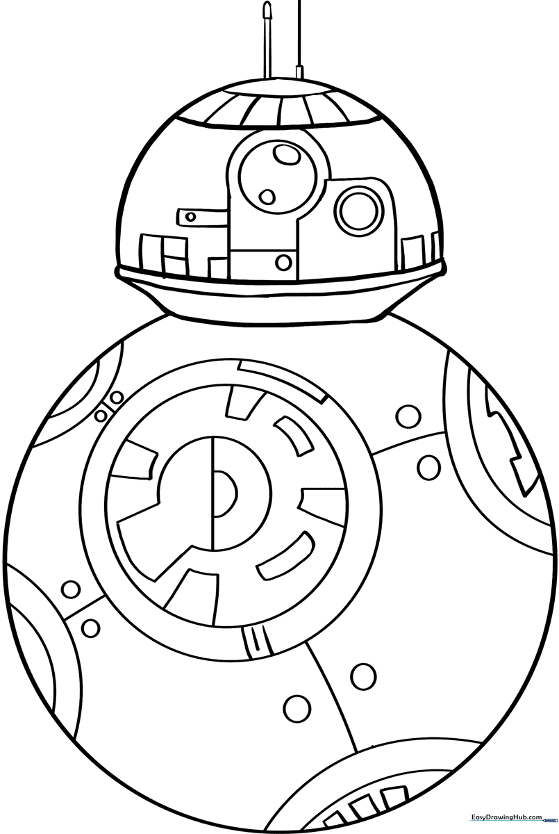 Black and white line art of BB-8 from Star Wars, featuring clear outlines of the spherical body and domed head for easy coloring.