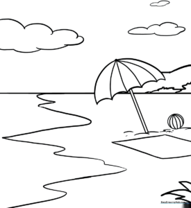 Black and white line art of a sunny beach scene featuring sand, gentle waves, and a bright sun, designed for children to color.