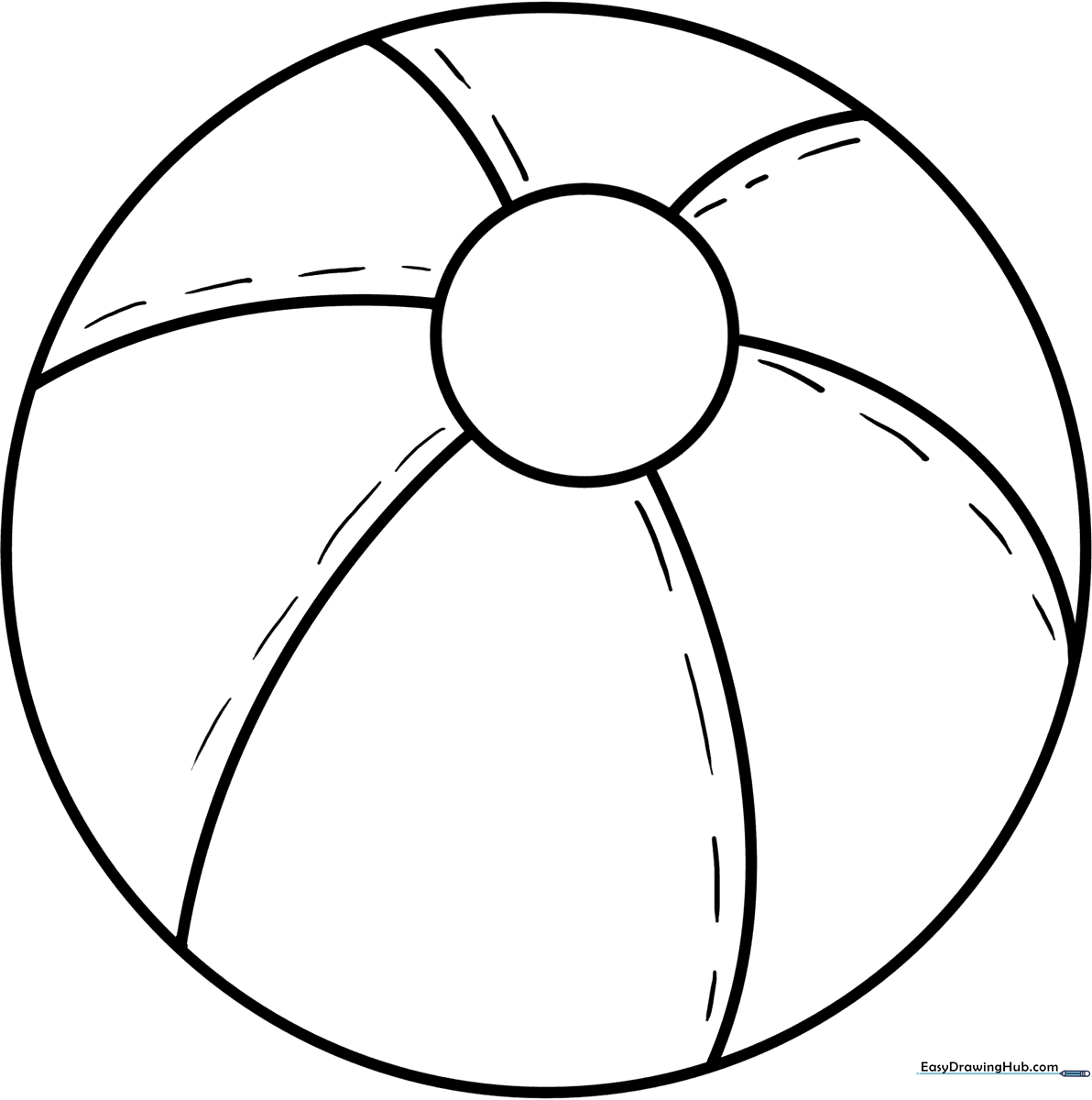 Black and white line art of a classic multi-paneled beach ball, featuring bold outlines for easy coloring by young children.