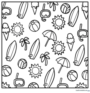 Black and white line art featuring beach-themed doodles including seashells, starfish, and waves, designed for children to color.