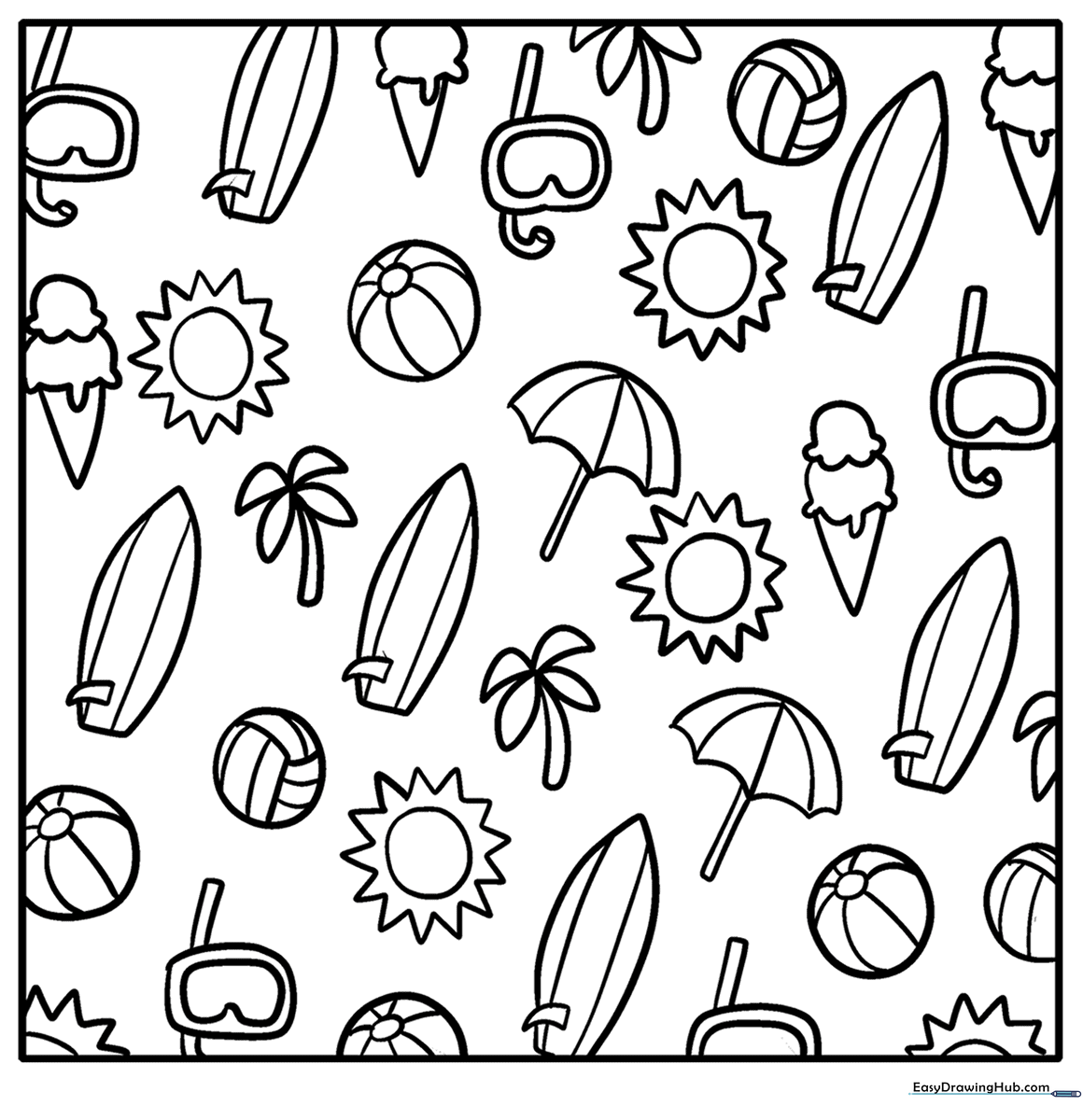 Black and white line art featuring beach-themed doodles including seashells, starfish, and waves, designed for children to color.