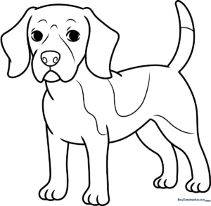 Black and white line art of a friendly Beagle puppy with floppy ears, ready for children to color.