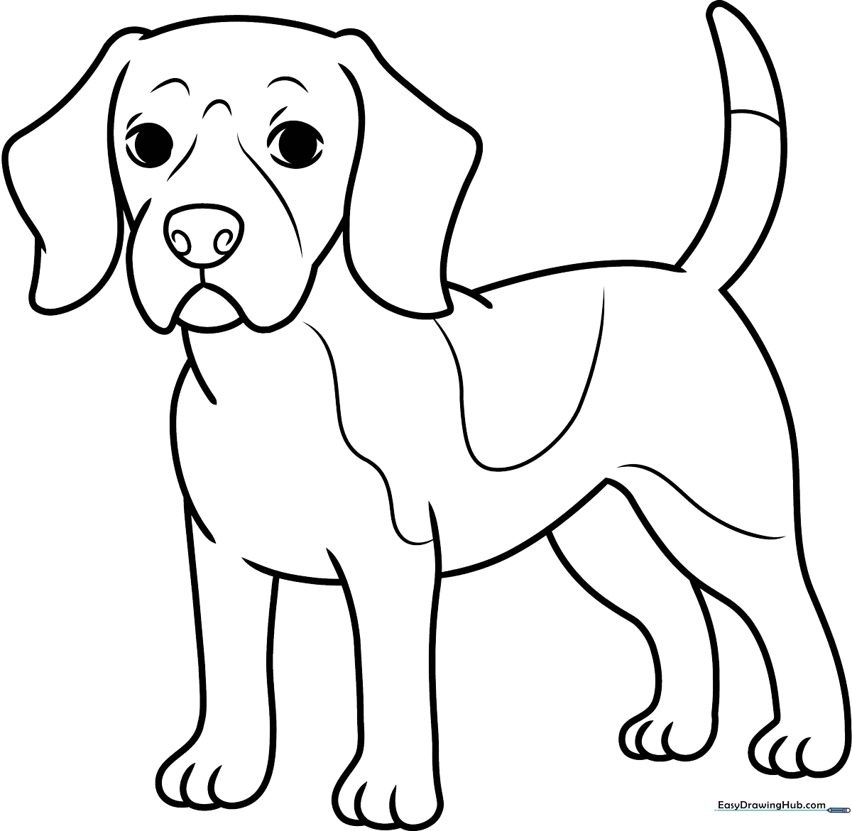 Black and white line art of a friendly Beagle puppy with floppy ears, ready for children to color.