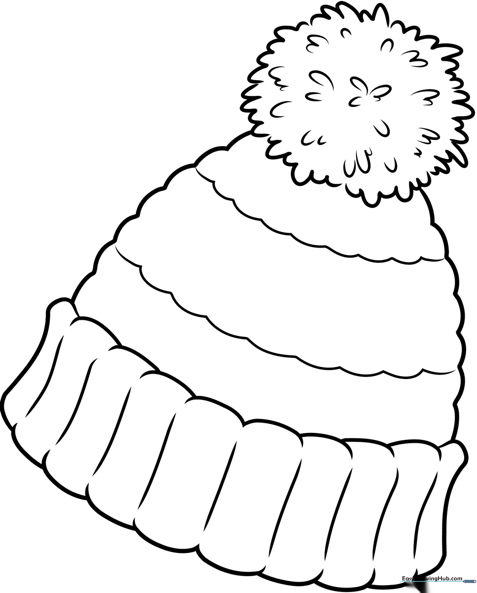 Black and white line art of a winter beanie with a pom-pom on top, featuring clear outlines for easy coloring by children.
