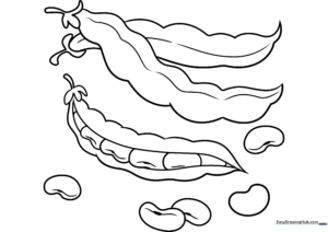 A friendly cartoon illustration of three beans with smiling faces, featuring thick, clean outlines designed for easy coloring by children.