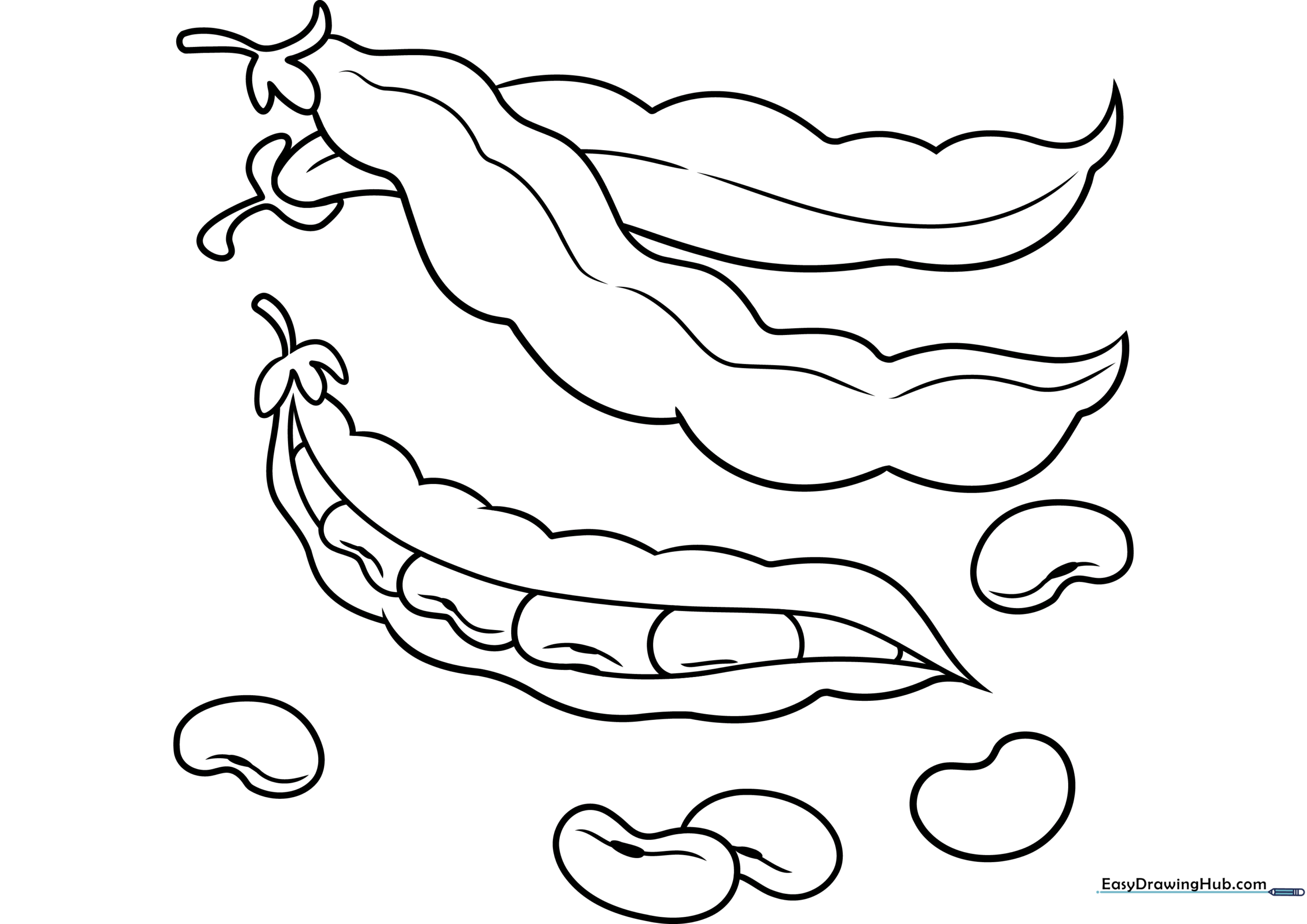 A friendly cartoon illustration of three beans with smiling faces, featuring thick, clean outlines designed for easy coloring by children.