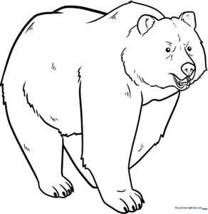 Black and white line art of a friendly standing bear with clear outlines for easy coloring by children.
