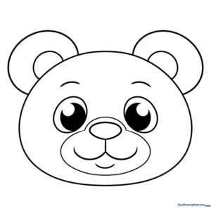 Simple line art of a friendly bear face with large eyes and a rounded snout, ideal for preschool coloring practice.