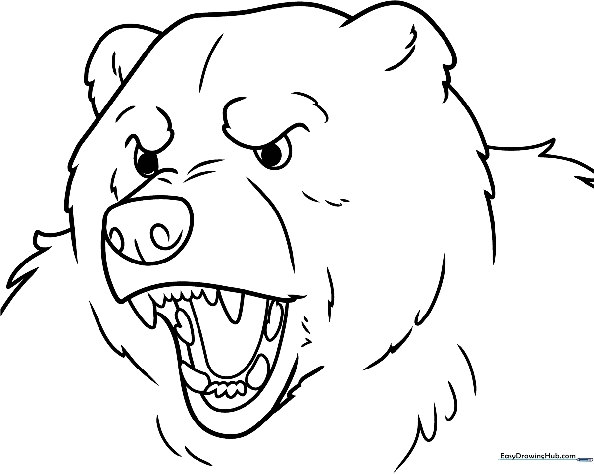 Black and white line art of a friendly bear face featuring large rounded ears, a button nose, and a wide muzzle, designed for children to color.