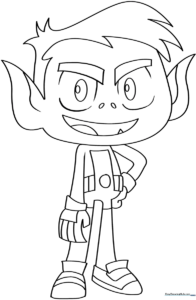 Black and white line art of Beast Boy from Teen Titans in a dynamic pose, featuring clean outlines suitable for children to color with markers or crayons.