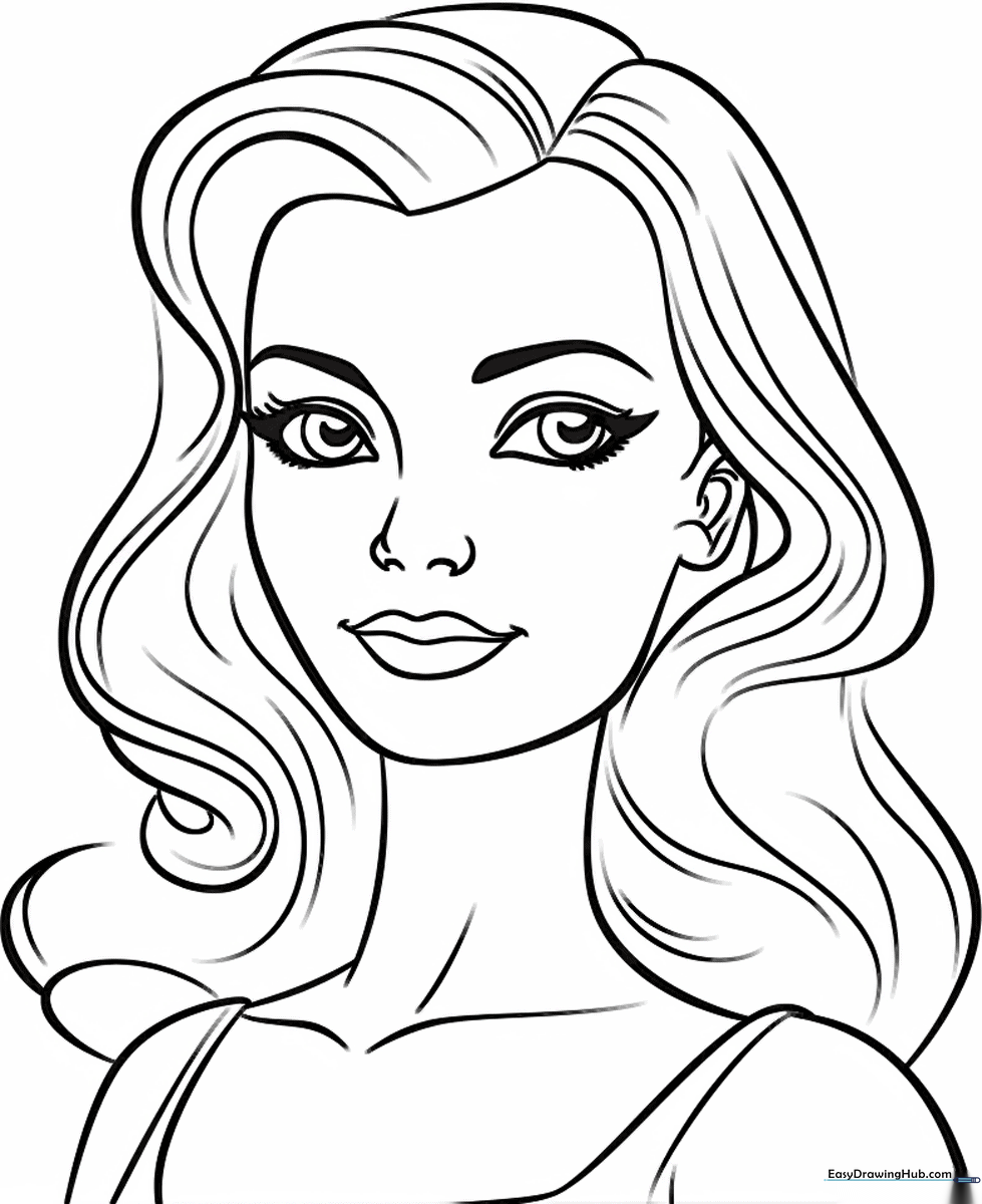 Detailed line art of Barbie featuring clear outlines for easy coloring, ideal for developing fine motor skills in young children.