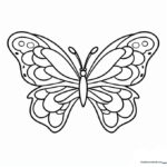 Black and white line art of a butterfly with symmetrical wing patterns, designed for children to color with markers or crayons.