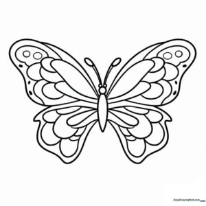 Black and white line art of a butterfly with symmetrical wing patterns, designed for children to color with markers or crayons.