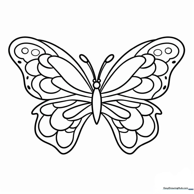 Black and white line art of a butterfly with symmetrical wing patterns, designed for children to color with markers or crayons.