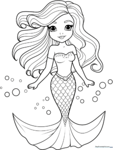 A friendly mermaid with flowing hair and a detailed tail, outlined in thick black lines for easy coloring by children.