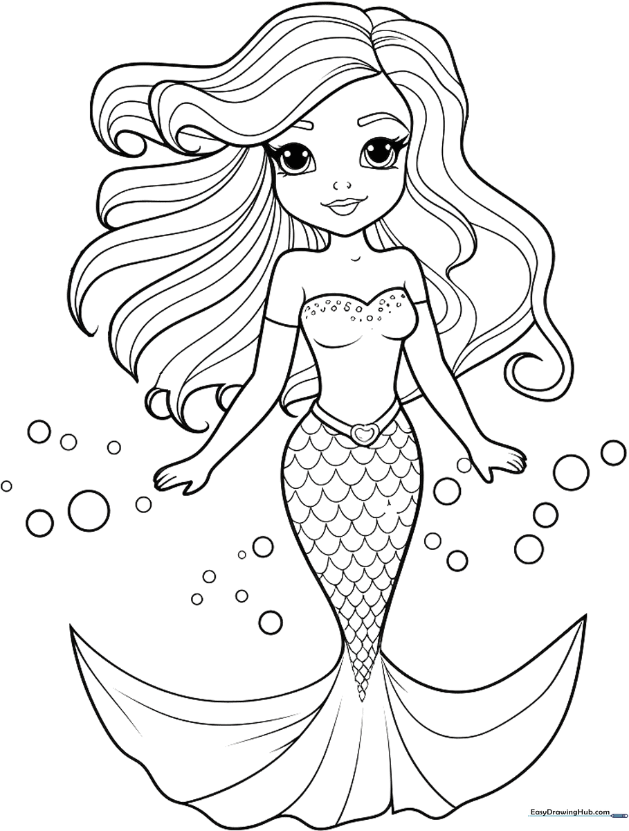 A friendly mermaid with flowing hair and a detailed tail, outlined in thick black lines for easy coloring by children.