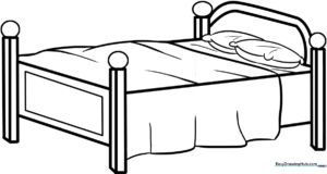 A clean, black-and-white line art illustration of a cozy bed with pillows and a blanket, designed for children to color.