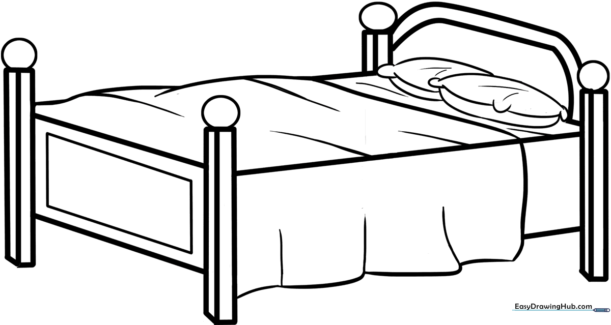 A clean, black-and-white line art illustration of a cozy bed with pillows and a blanket, designed for children to color.