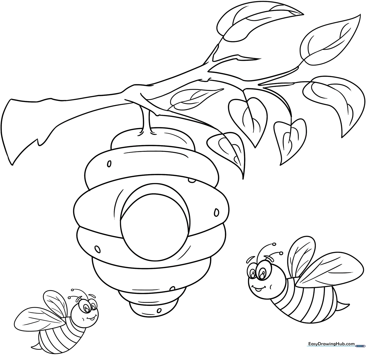 A clean, black-and-white line art illustration of a hanging bee hive with a small entrance hole, ready for children to color.