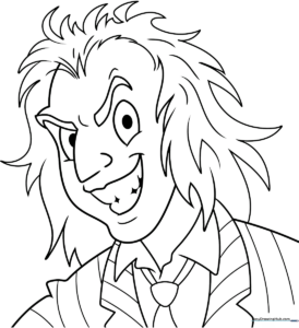 Line art of Beetlejuice character with wild hair and striped suit, ready for coloring on a white background.