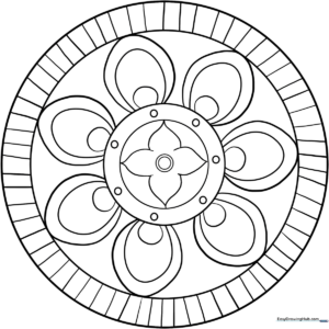 A black and white line art mandala with simple geometric shapes and repeating patterns, designed for children to color and practice symmetry.