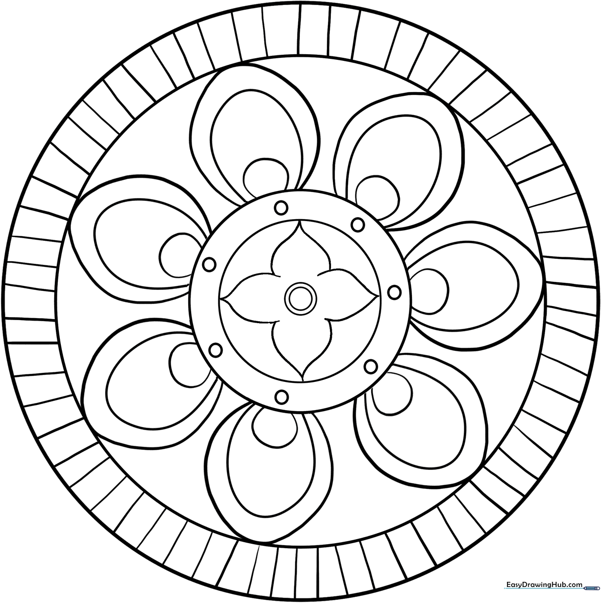 A black and white line art mandala with simple geometric shapes and repeating patterns, designed for children to color and practice symmetry.