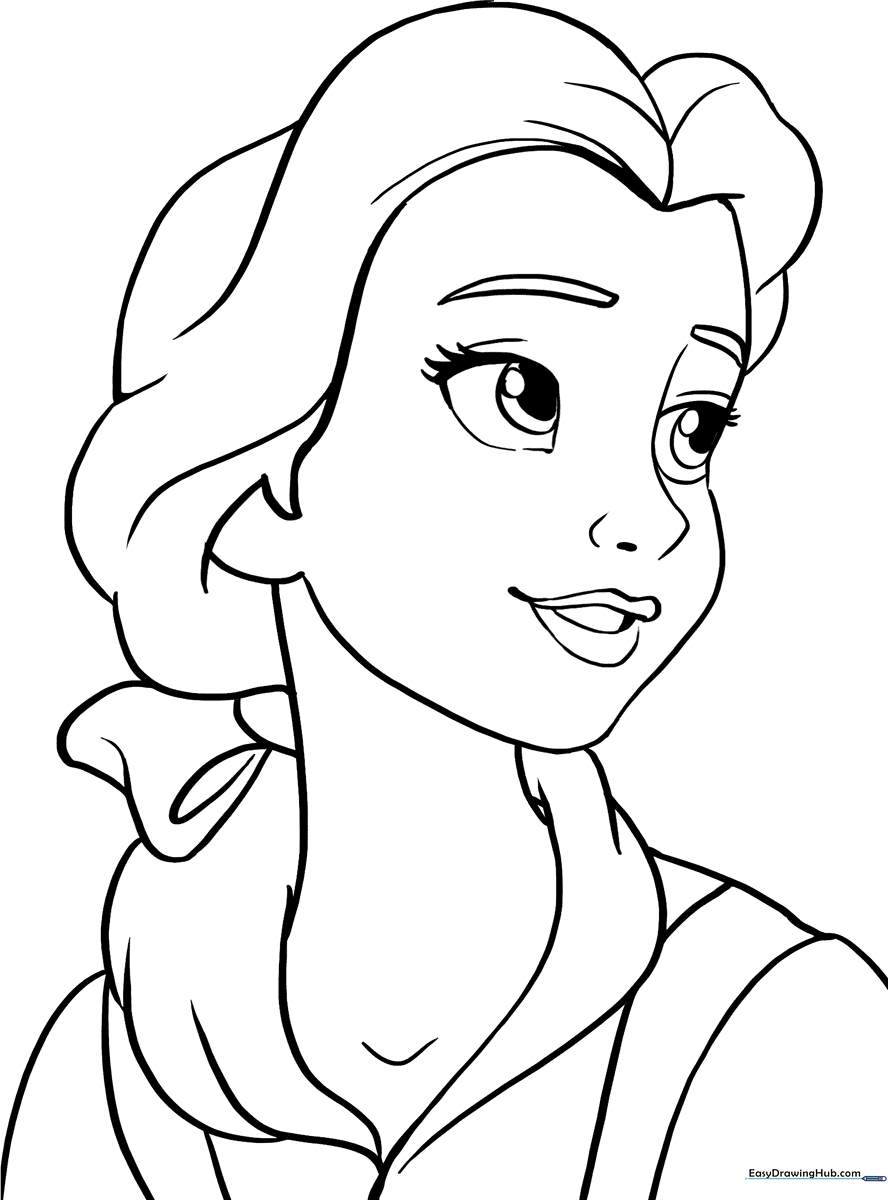 Black and white line art of Belle from Beauty and the Beast, featuring clear outlines for easy coloring and educational practice.