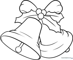 Black and white line art of two hanging bells with ribbons, designed for children to color with markers or crayons.