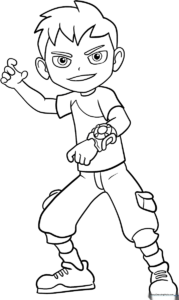 Line art illustration of Ben 10 standing in a heroic pose, featuring clear outlines for easy coloring by children.