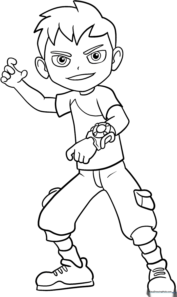 Line art illustration of Ben 10 standing in a heroic pose, featuring clear outlines for easy coloring by children.