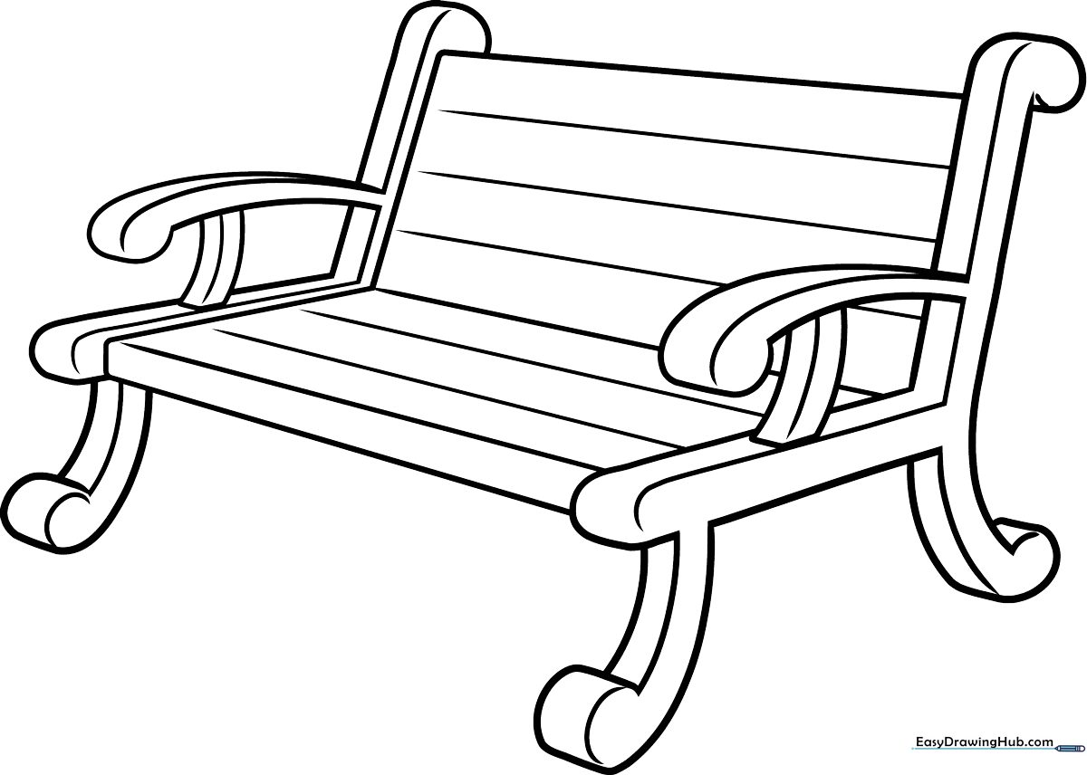 Black and white line art of a classic wooden park bench with clear outlines, ideal for children practicing coloring techniques.