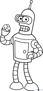 Black and white line art of Bender from Futurama featuring his signature antenna, rectangular head, and circular eyes, ready for coloring.