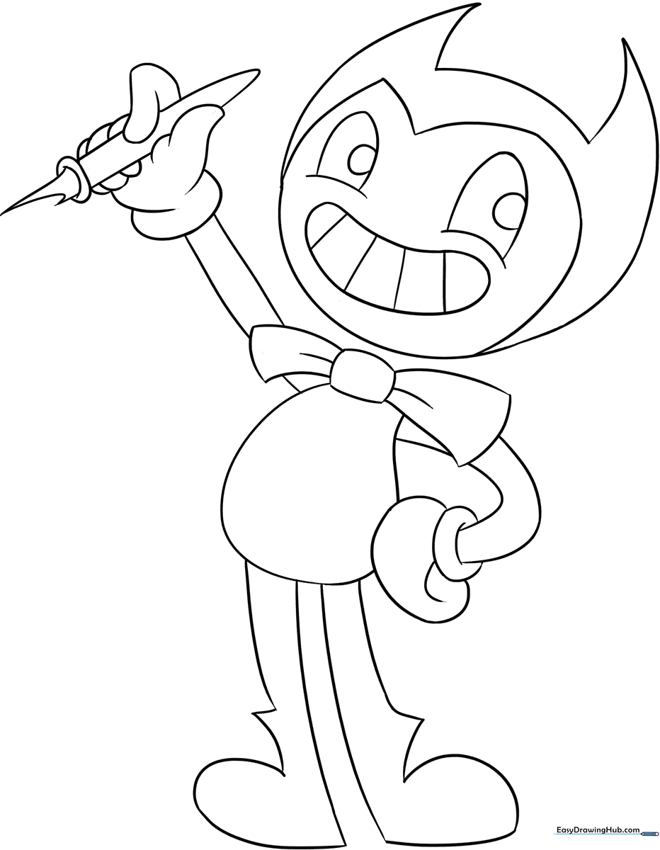 Black and white line art of Bendy the ink demon, featuring his signature wide grin and pie-cut eyes, ready for coloring.