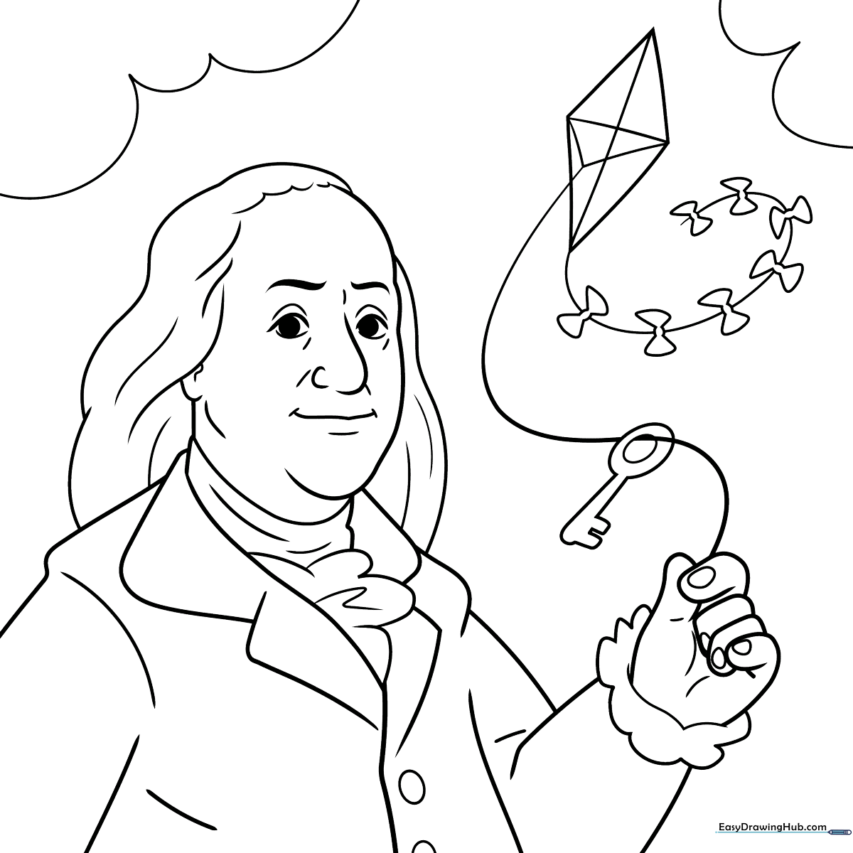 Black and white line art of Benjamin Franklin featuring his signature spectacles and colonial-era coat, ready for children to color.