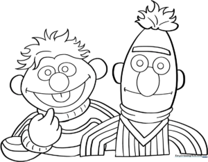Black and white line art illustration of Bert and Ernie standing side-by-side, ready for coloring with crayons or markers.