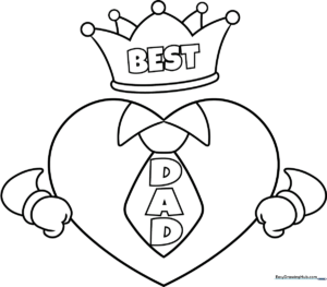Black and white line art of a 'Best Dad' trophy design for children to color, featuring bold lettering and decorative elements suitable for a Father's Day craft.