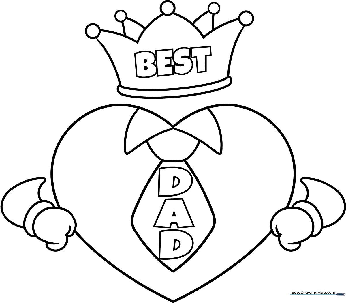 Black and white line art of a 'Best Dad' trophy design for children to color, featuring bold lettering and decorative elements suitable for a Father's Day craft.