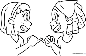 Black and white line art of two best friends standing together, featuring clear outlines for easy coloring by children.