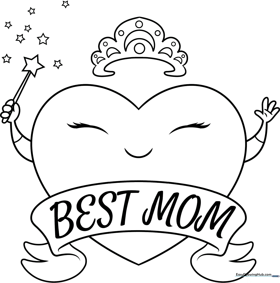 A clean, black-and-white line art coloring page featuring the text 'Best Mom' surrounded by decorative floral and heart elements, designed for children to color.