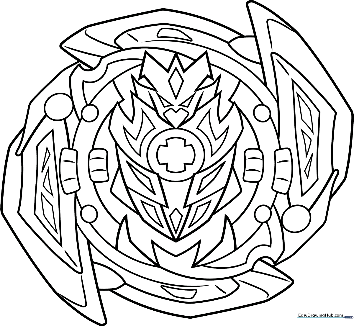 Detailed Beyblade line art featuring intricate mechanical patterns and a central spinning core, designed for children to color.
