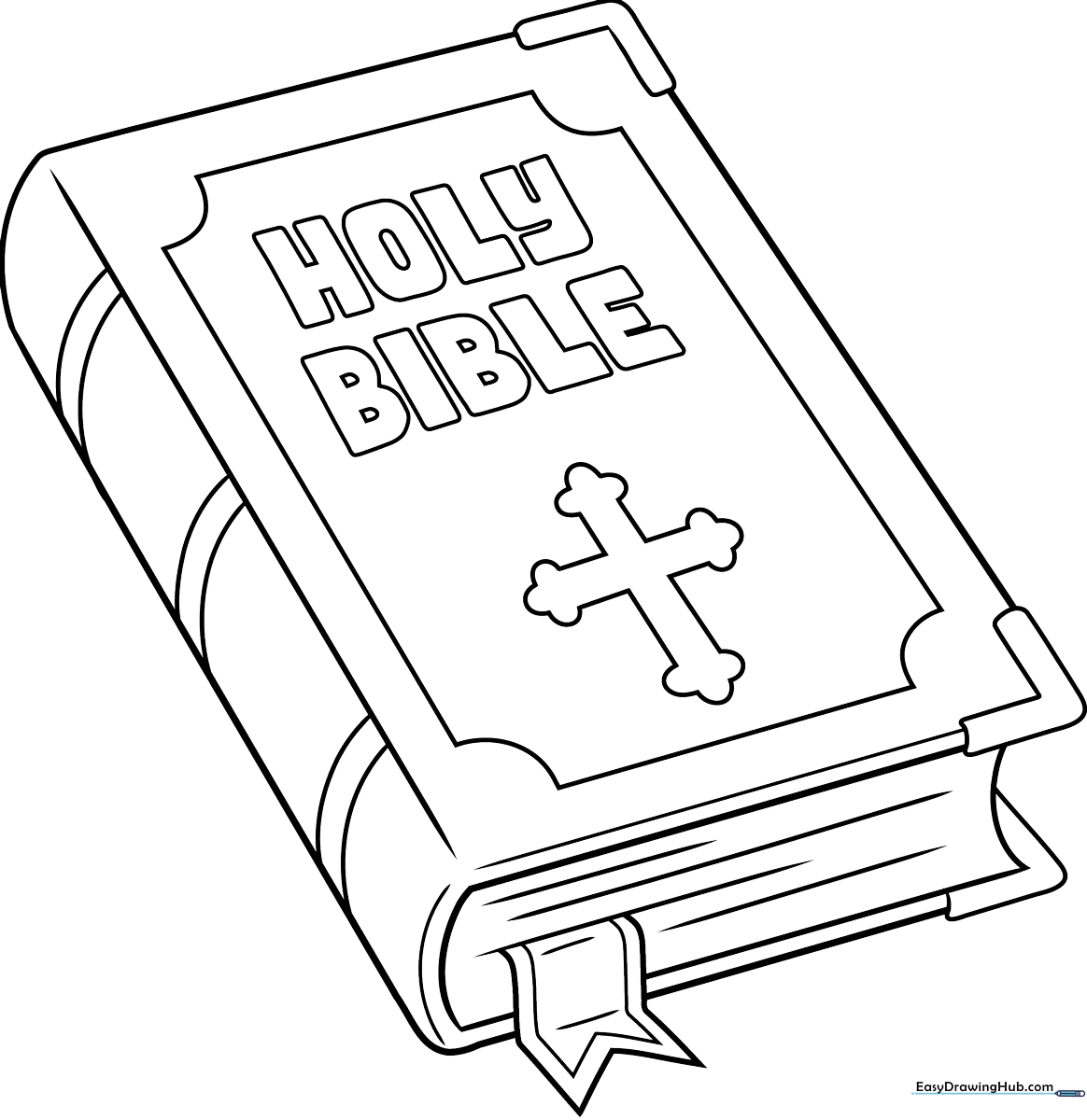 Black and white line art of an open Bible with a cross on the cover, featuring bold outlines for easy coloring by children.