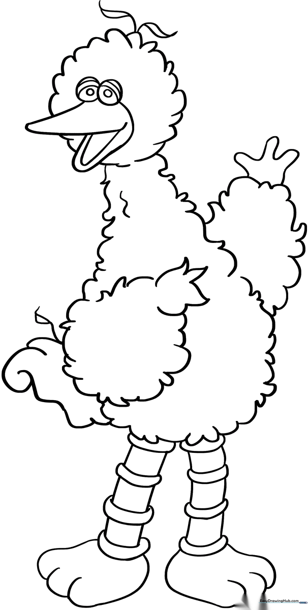 Black and white line art of Big Bird from Sesame Street, featuring clear outlines for easy coloring by children.