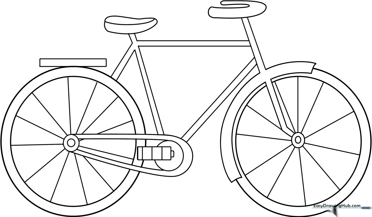 Black and white line art of a bicycle with thick outlines, designed for children to color with crayons or markers.