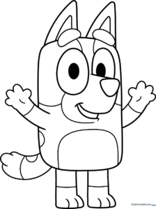 Black and white line art of Bingo from Bluey standing in a friendly pose, ready for children to color with crayons or markers.