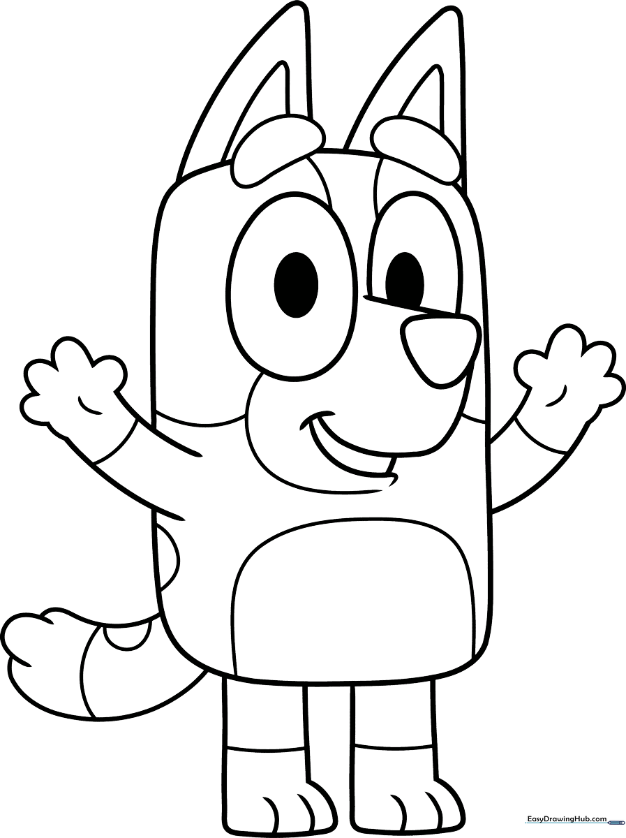 Black and white line art of Bingo from Bluey standing in a friendly pose, ready for children to color with crayons or markers.