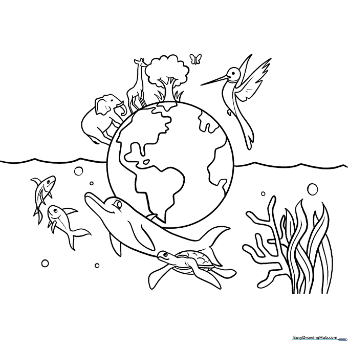 Educational biodiversity coloring sheet featuring various interconnected plants and animals in a natural habitat setting.