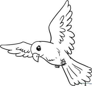 A clean, black-and-white line art illustration of a friendly bird with rounded wings and a small beak, optimized for children to color.