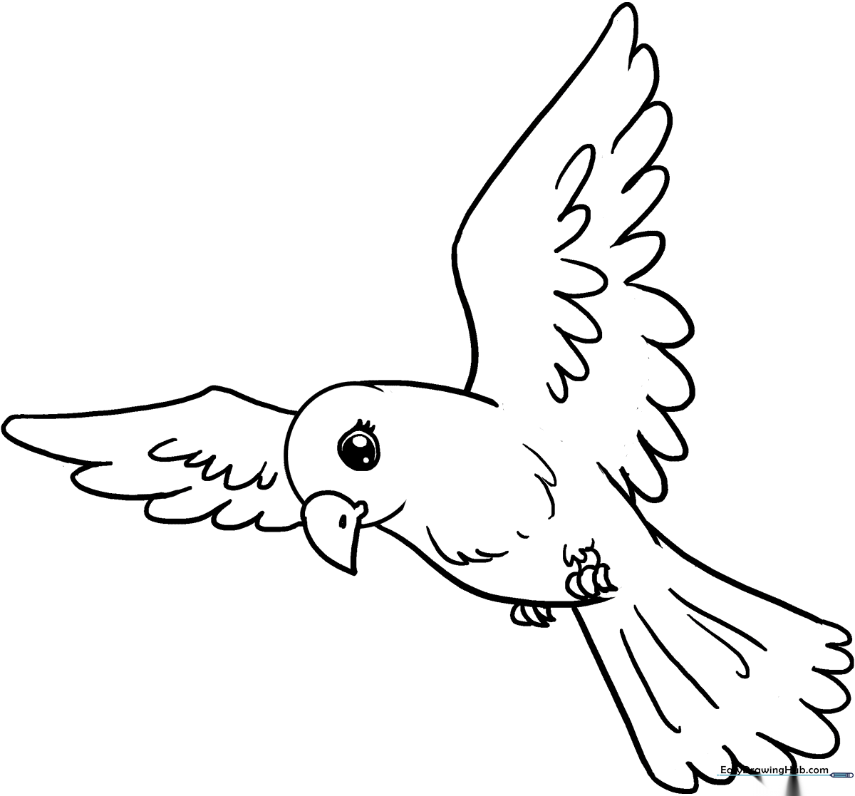 A clean, black-and-white line art illustration of a friendly bird with rounded wings and a small beak, optimized for children to color.