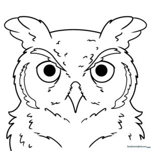 Detailed line art of a great horned owl face featuring large eyes and intricate feather patterns for coloring.